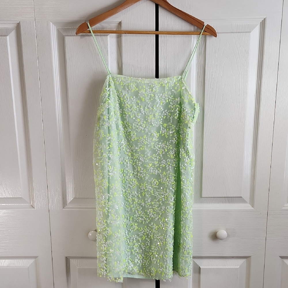 H&M Light Green Sequin Spaghetti Strap Mini Dress